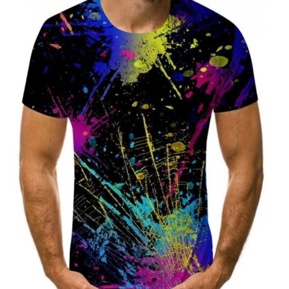 2xl Black Silky Fitted T-shirt with Colorful splatter Marks NWOT [95]